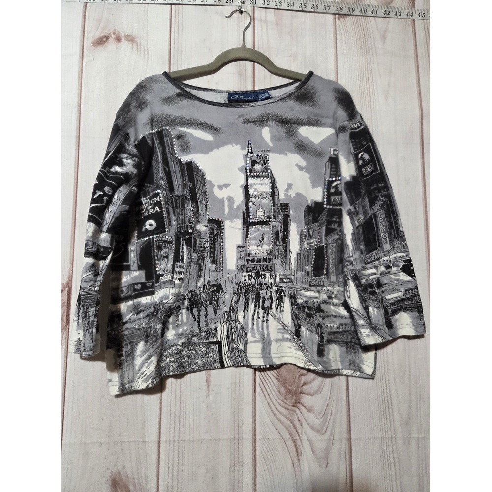 Artscapes Broadway Times Square Graphic Rhinestone Cotton Shirt Ladies Large